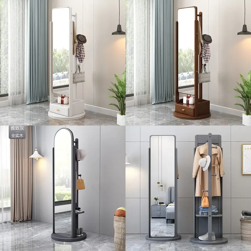 For Full Body Floor Mirror with Solid Wood Hanger Explosion Proof Rotatable Coat Rack for Bedroom Living Room Simple Design