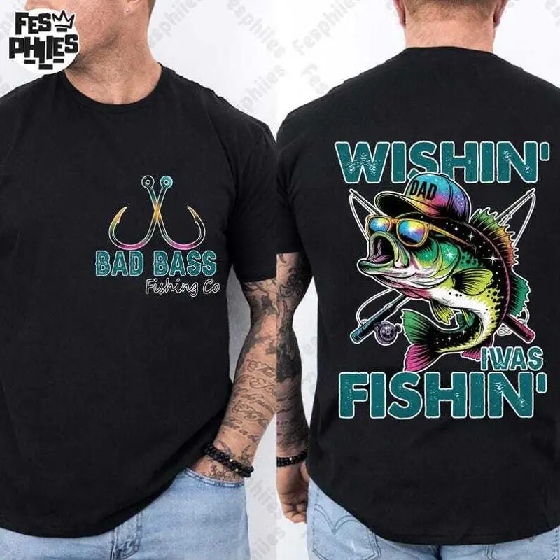

Двусторонняя футболка Wishin' I Was Fishin', полные размеры для папы-рыбалки