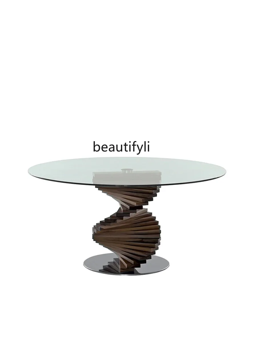 

Italian minimalist curved design tempered glass round table solid wood special-shaped creative rotating ladder dining table