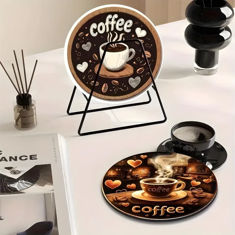 Coaster Set of 6 - Vintage Coffee Lovers Handcrafted Reclaimed Wood with Romantic Heart & Coffee Bean Art, Valentine's Day Gift