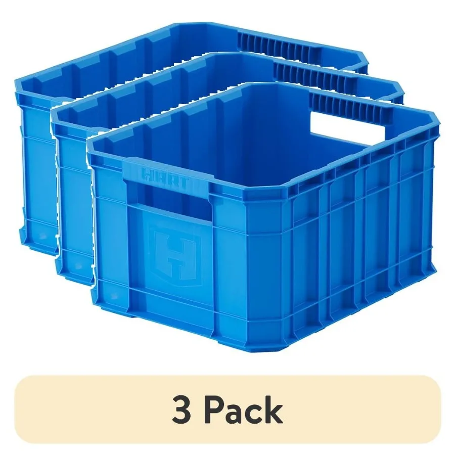 

3 Pack 8.5 Gallon Stackable Plastic Utility Crate for Home, Garage Warehouse Blue, Durable, Lightweight, Ventilated Design