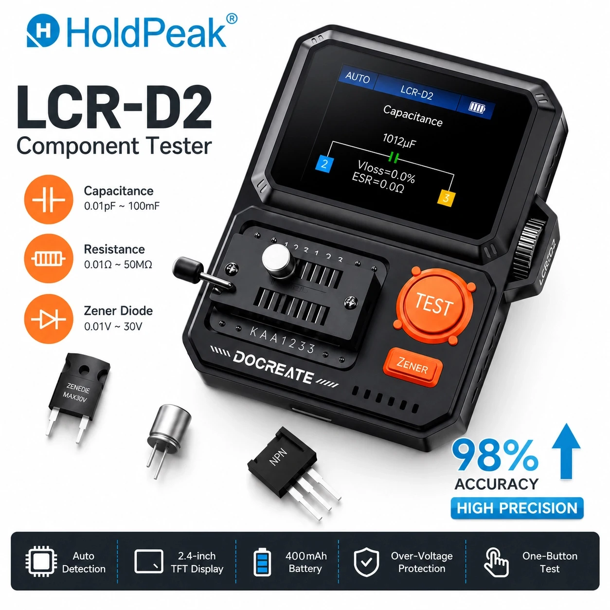 Medidor LCR, Probador de Transistores, Probador Digital de Componentes, Detección Automática de Diodos/Triodos/Condensadores/Inductores/Resistencias/Zener/FET/ESR