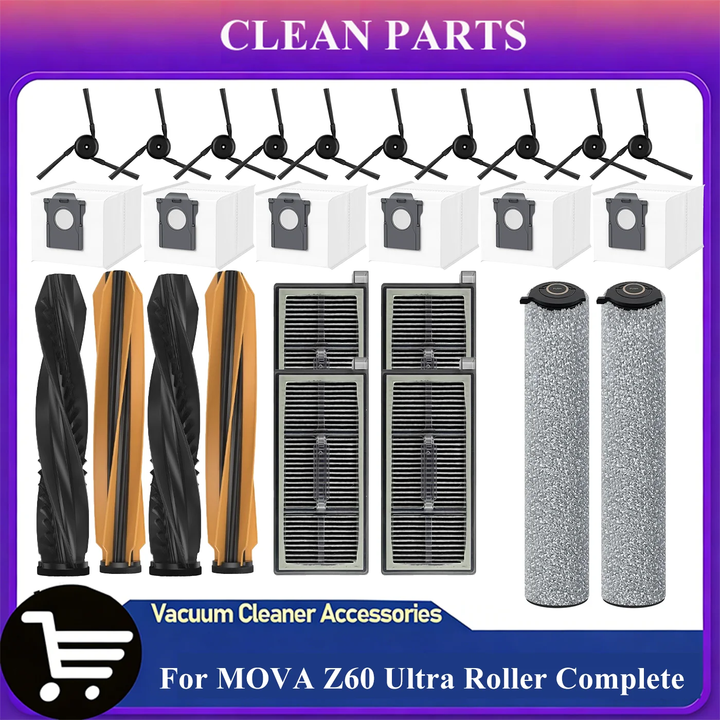 Für MOVA Z60 Ultra Roller Complete/ Z60 Ultra Roller SA/ Trouver Z60 Ultra Teile Hauptbürste Seitenbürste Mopp Staubbeutel Filter Zubehör