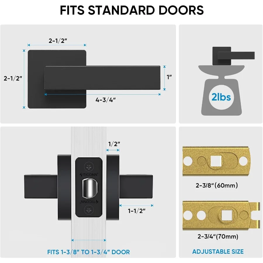 رافعة باب مربعة قابلة للعكس باللون الأسود غير اللامع شديدة التحمل لحمام غرفة النوم والغرف الداخلية مثالية للاستخدام في الممر بتصميم متين