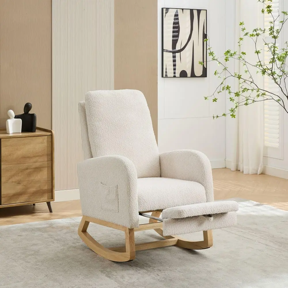 #￥Comfortable Nursery Glider Accent Reading Chair Upholstered Rocking Chair with Retractable Footrest for Living Room Bedroom