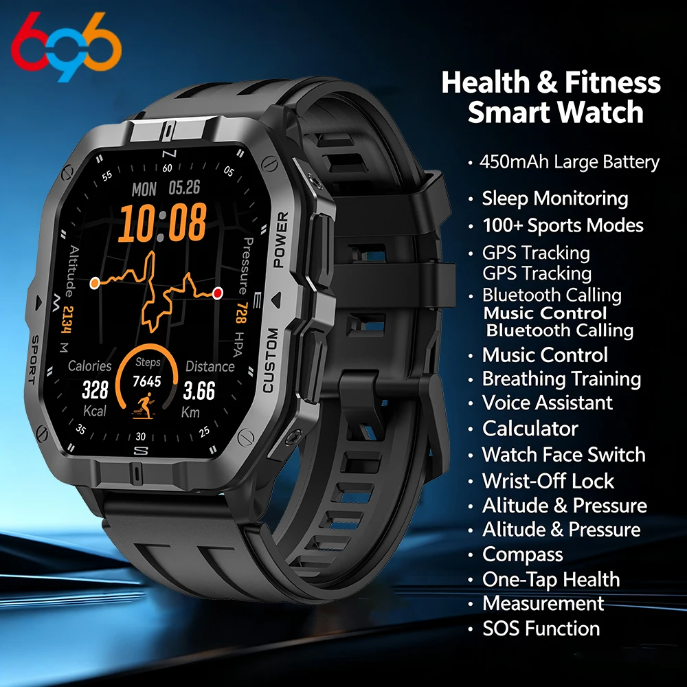 SOS Ourdoor Sports Smart Watch Built-in GPS&Compass BT Call Smartwatch Waterproof ST Six-axis Sensor Altimeter Health Monitoring