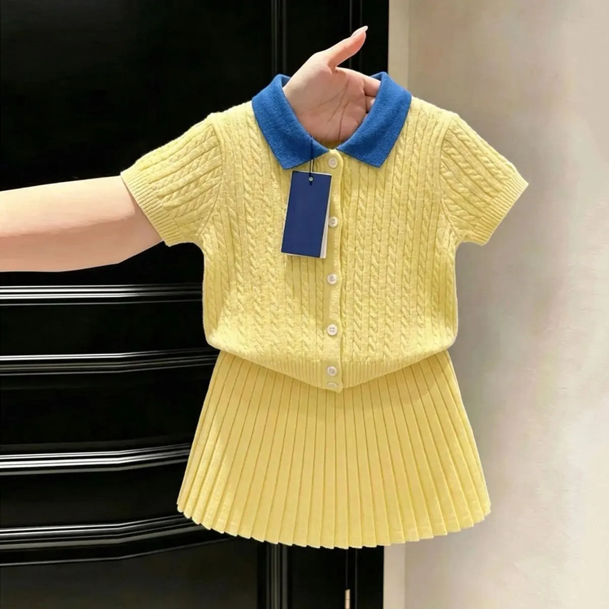 Girls Summer Set 2026 New Children Polo Shirt Skirt Set Kids Thin Knitted Short Sleeve Top Fashion 2-Piece Outfit