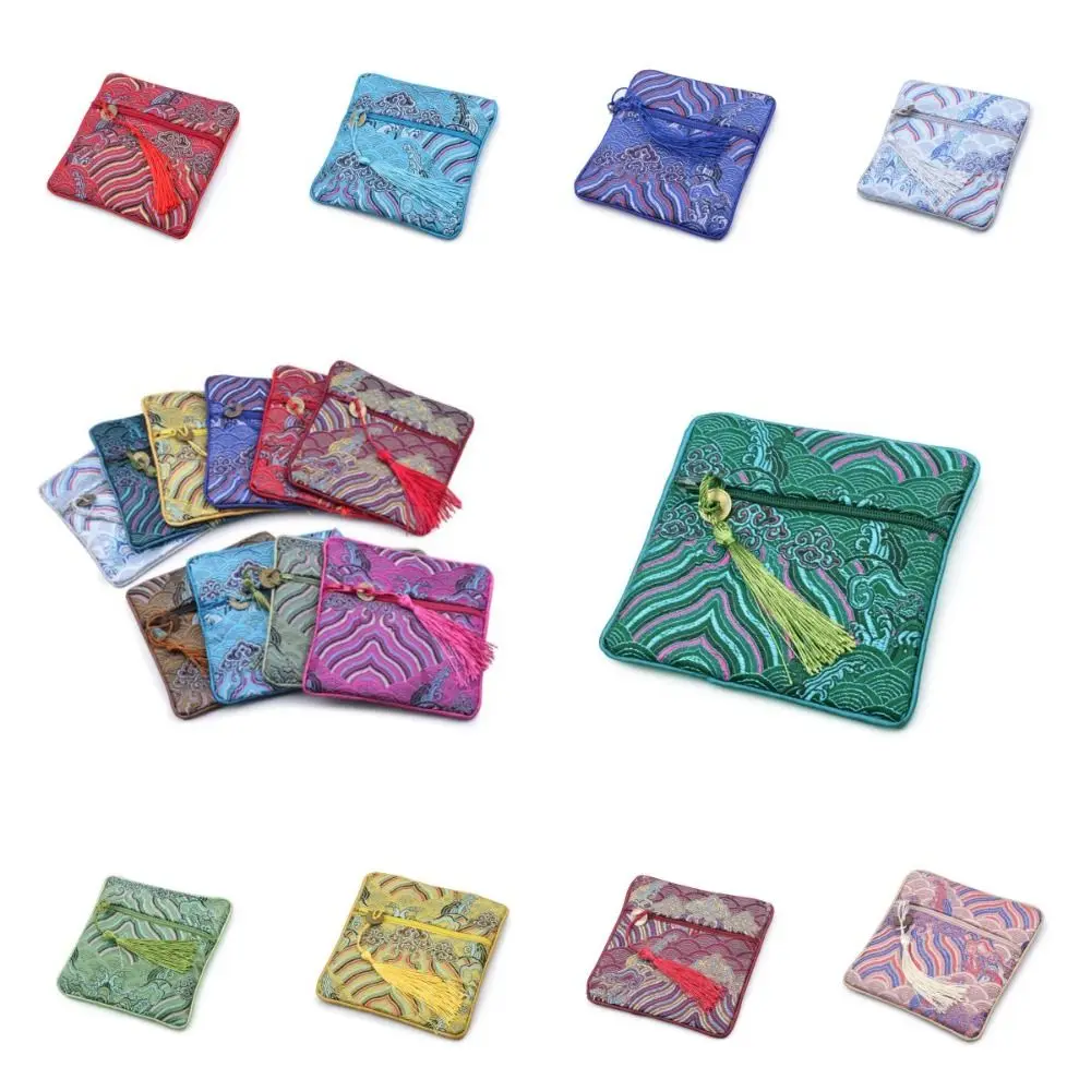 Chinese Style Silk Jewelry Organizer Coin Purse Embroidery Brocade Pouch Sea Wave Pattern Zipper Bag Jewelry Storage Bag
