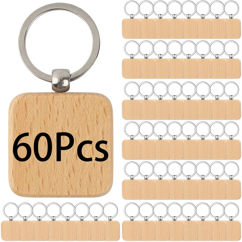 

60Pcs Beech Wood Pine Wooden Material Keychain Ring Holder Blank Natural Wood Keychain