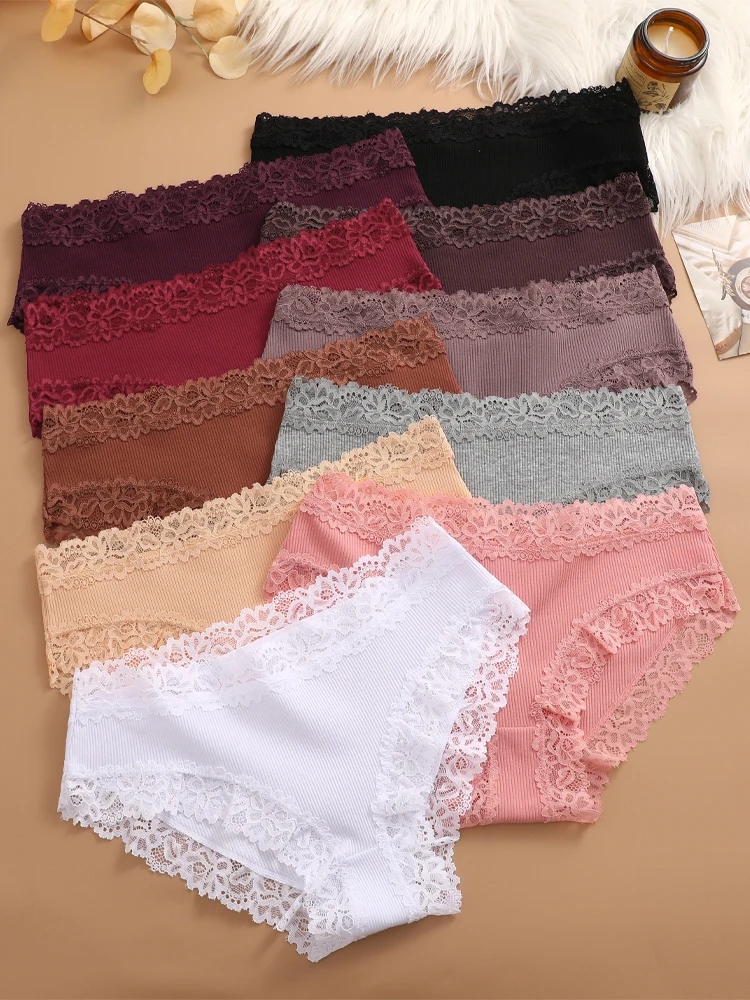 6Pcs/set Women's Cotton Panties Ribbed Striped Underwear Sexy Lace Floral Briefs Female Comfortable Stretchy Lingerie Intimates