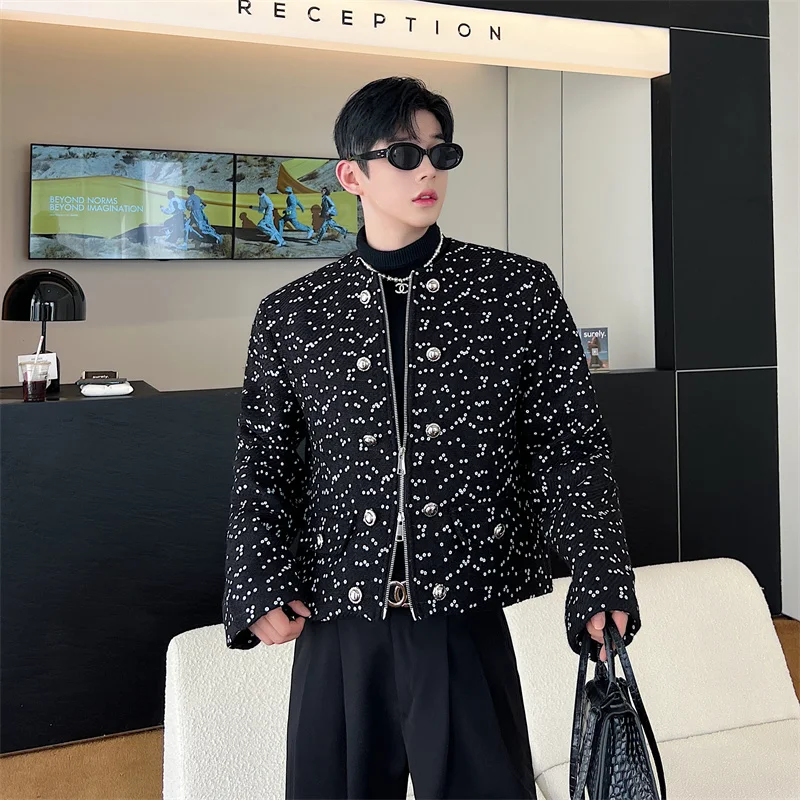 

ort Chic Korean Sle Men's Jaet Luxury Quilted Fabric Double Row Buttons iny Sequins Street Faion High-End Feeling