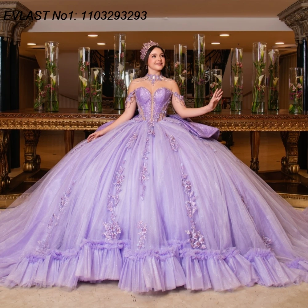 

Индивидуальное платье EVLAST для Quinceanera в стиле принцессы, лавандовое, бальное, с кружевными аппликациями, бисером и бантом, для Sweet 16, Vestidos De 15 Anos AQ32