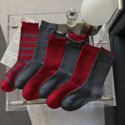2025 New Women Socks Casual Fashion Striped Red Gray Elastic Long Socks Women Polka Dot Harajuku Retro Cotton Middle-tube Socks