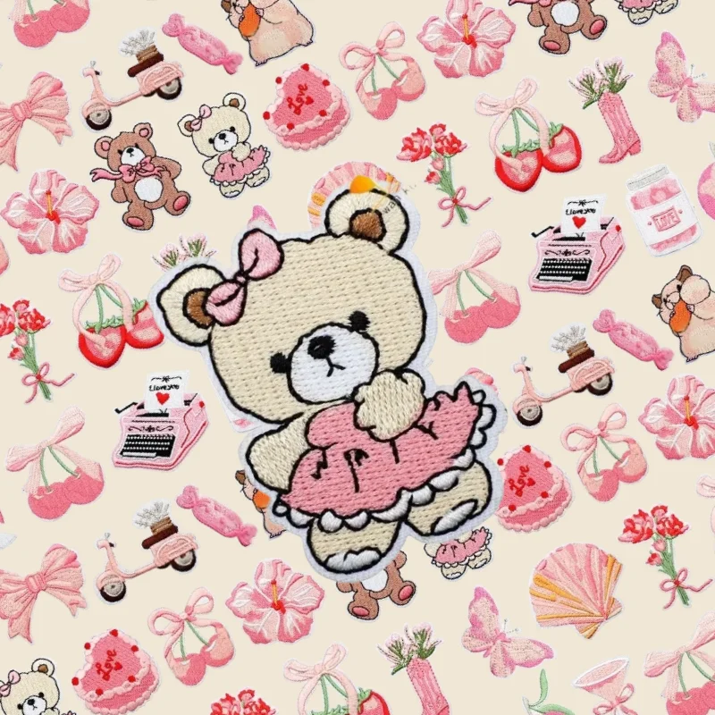 

Pink Bear Candy Cherry Flower Embroidery Stickers Decorative Ironing Stickers Sewing DIY Cartoon Floral Logo Clothing Shoes Hat