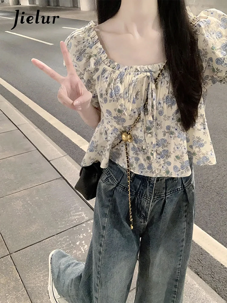 Jielur Summer New Slim Floral Women Shirt Loose Casual Fashion Street Shirt Woman Simple Basic Chicly Puff Sleeve Top Female