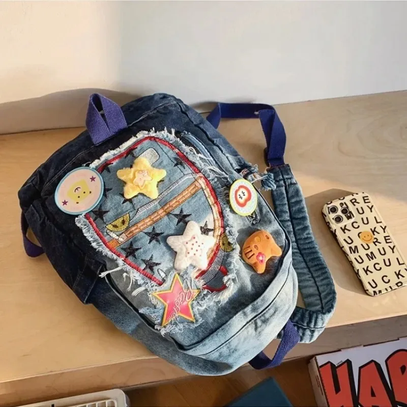 Mochila Vintage de Hello Kitty para mujer, bolso escolar de tela vaquera con diseño de dibujos animados, Y2k, estilo Harajuku