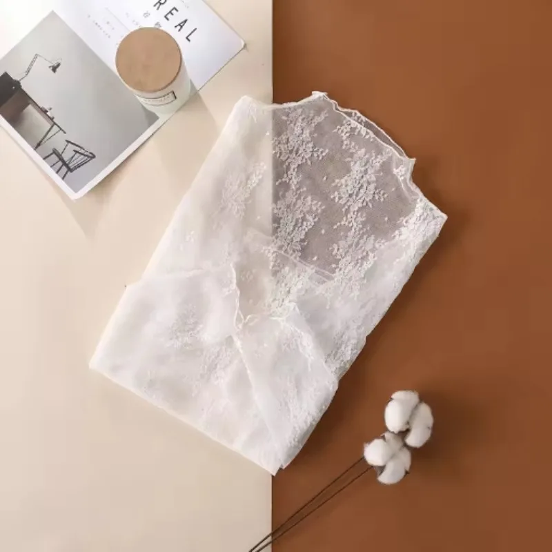 

Sexy Lace Bottomed Blouse Women Long Sleeve Crop Top Sleeved High Neck With Hollowed Out Chiffon Foreign Style Sexy Mesh