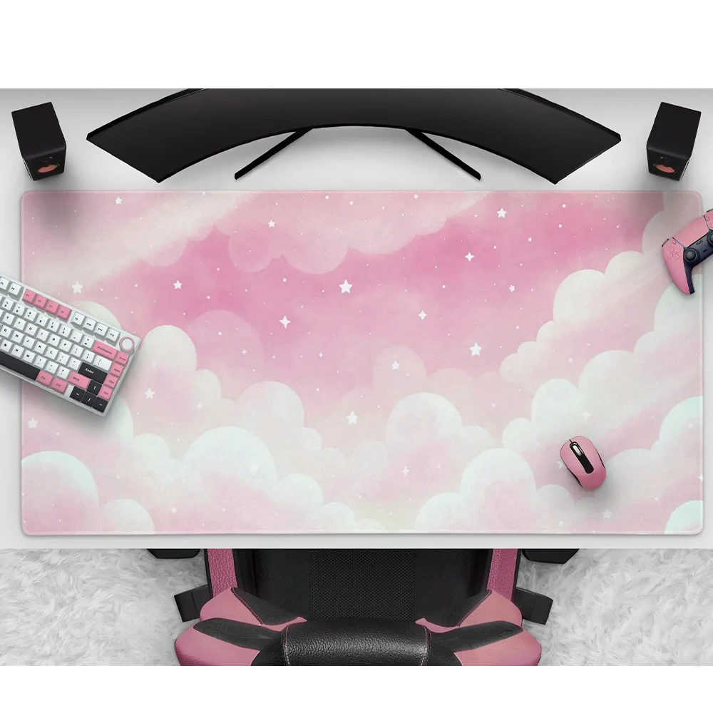 Pink White Clouds Mouse Pad,Cute Pastel Deskmat,Kawaii Clouds and Sky Gaming Mousepad,Large Extended Mat,Minimalist Office Decor