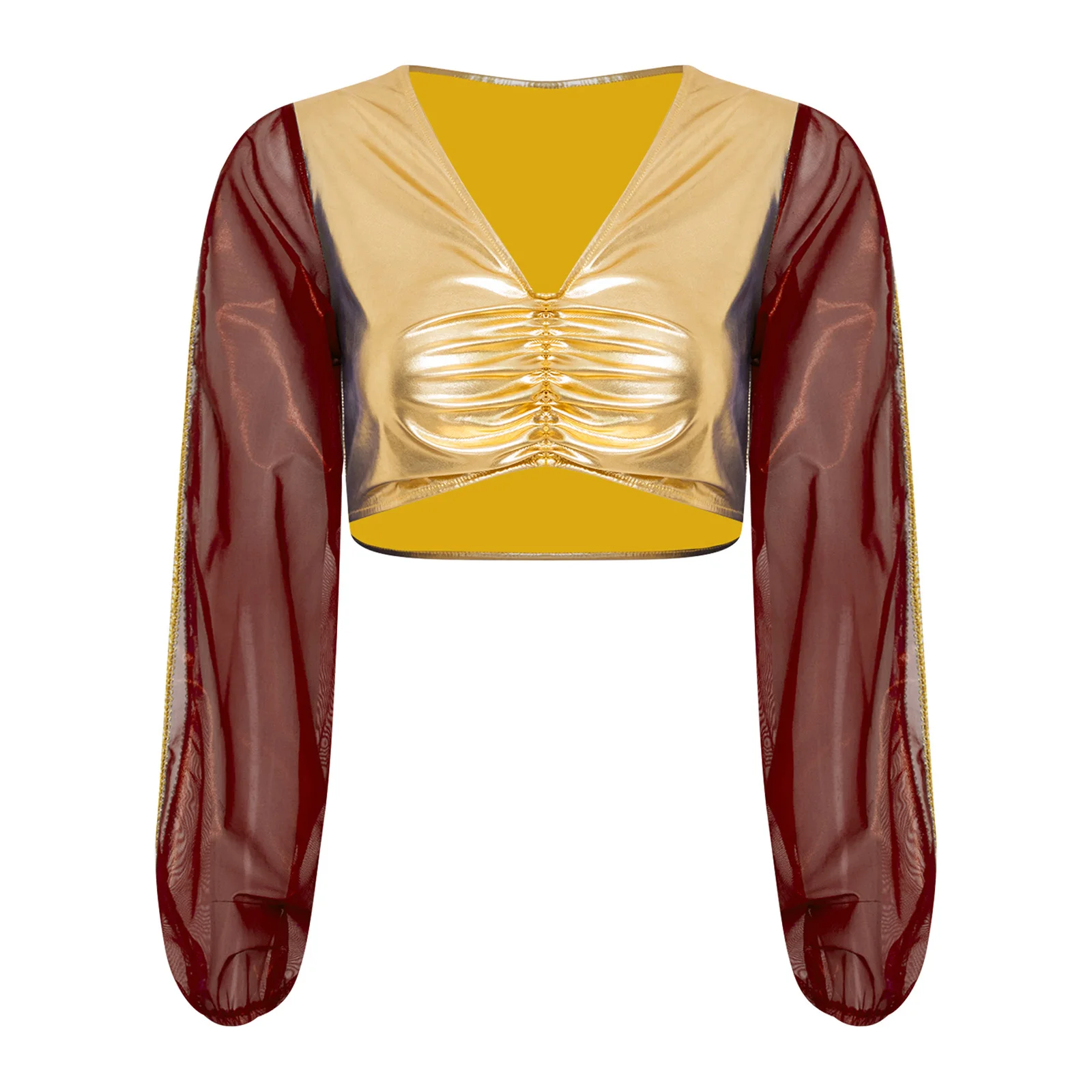 

Women Arab Princess Performance Crop Tops Metallic Long Sleeve Front Ruched Crop Blouse for Halloween Cosplay Party Uniforms