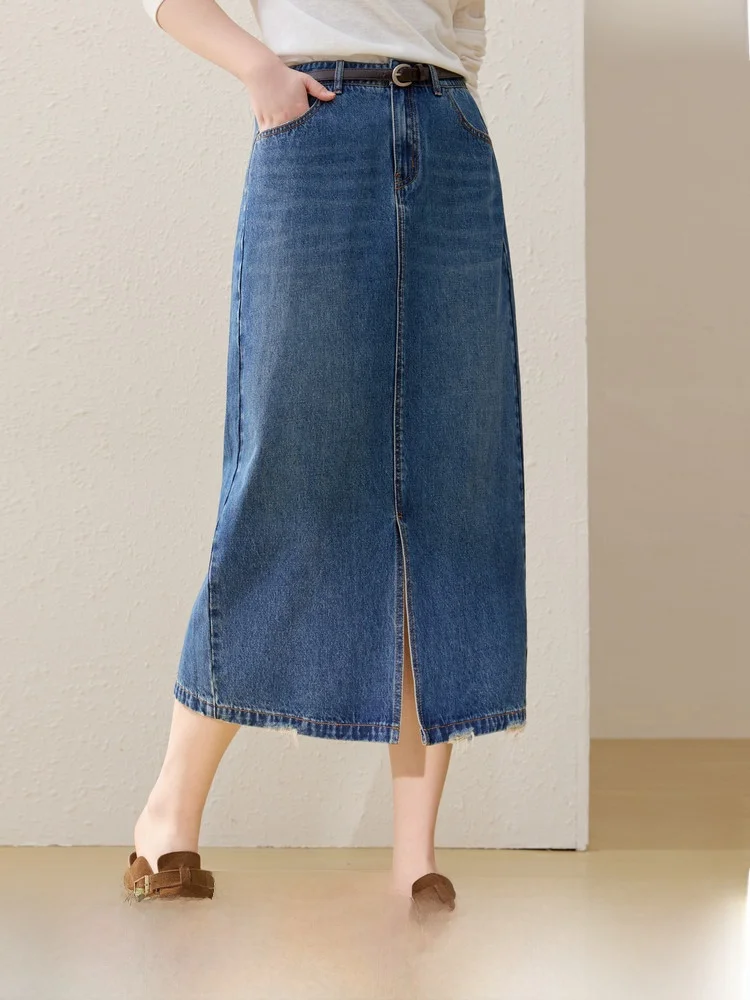 

Slimming Straight Cut Denim Skirt High Waist Cotton Blend Spring Faion plus Size Women's Clothing Versatile A-Line Skirt