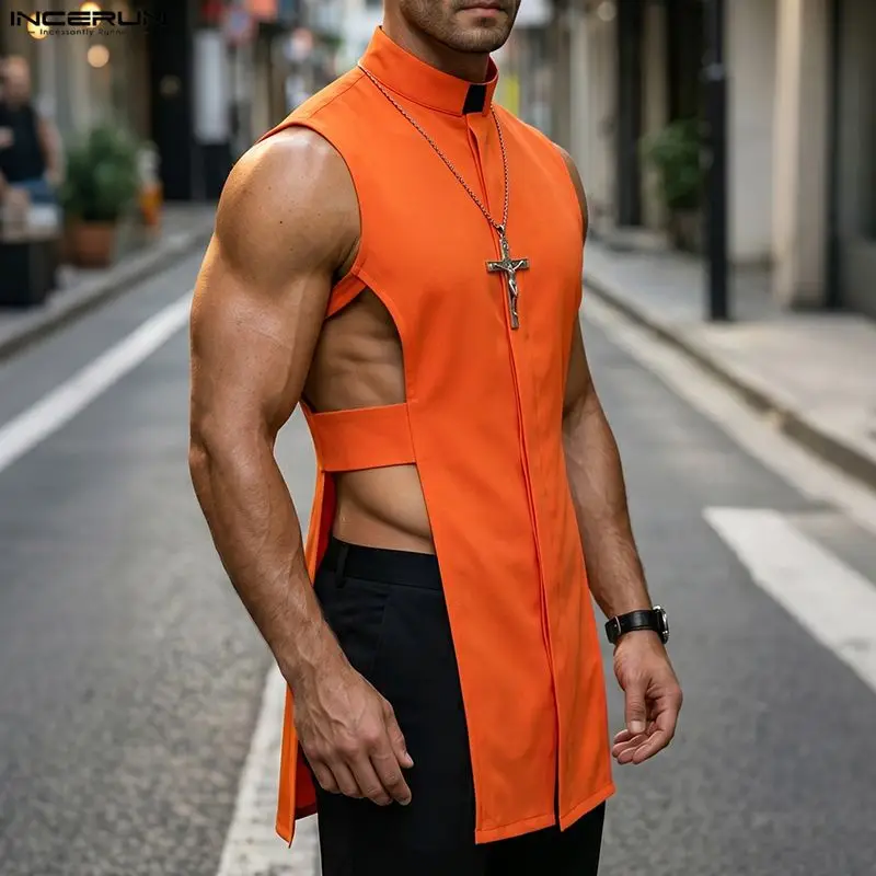 INCERUN Herren Tanktops Einfarbig Ärmellos Ausgehöhlter Stehkragen Männer Westen Streetwear Sommer Sexy Mode Herren Kleidung Oberteile