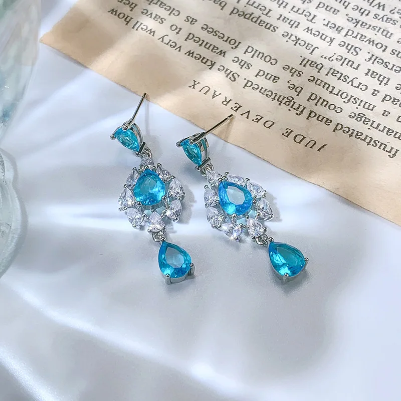 Fashion Temperament Long Water Drop Blue Zircon Eardrop Female Tide 925 Stamp Popular Bohemian Ear Accessories Gift