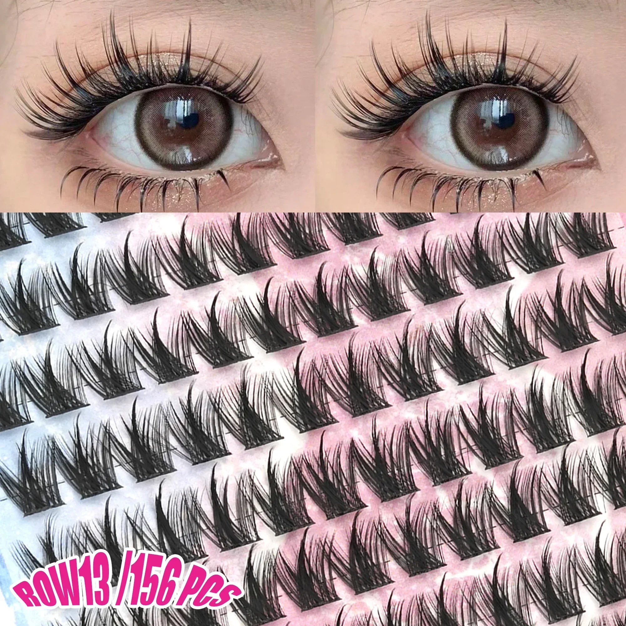 13 Rows 156PCS Manga Cluster Lashes Individual Segment Eyelashes Spiky Wispy D Curl DIY False Eyelashes