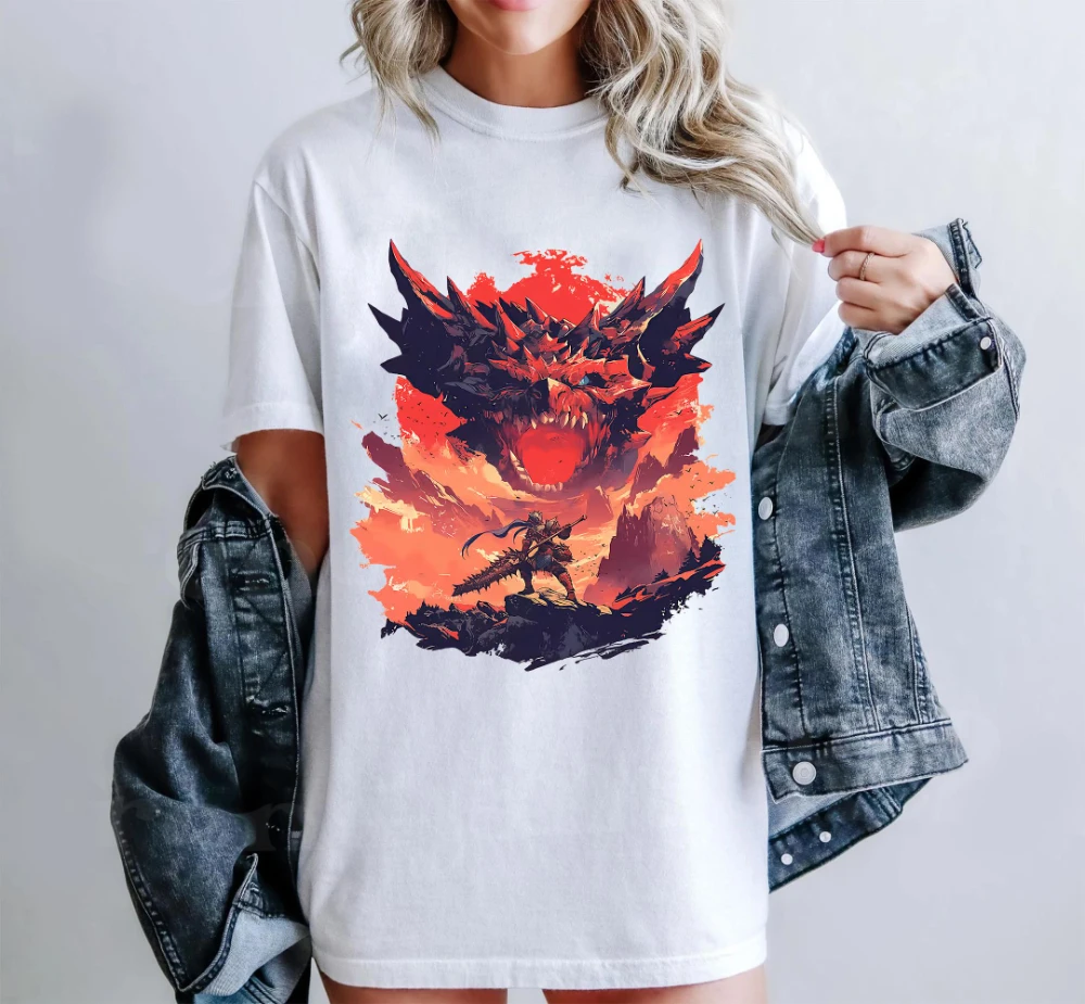 Monster Hunter Wilds T Shirt Rathalos Tee Women T‑shirt Unisex All-Season Casual Crew Neck T Shirt