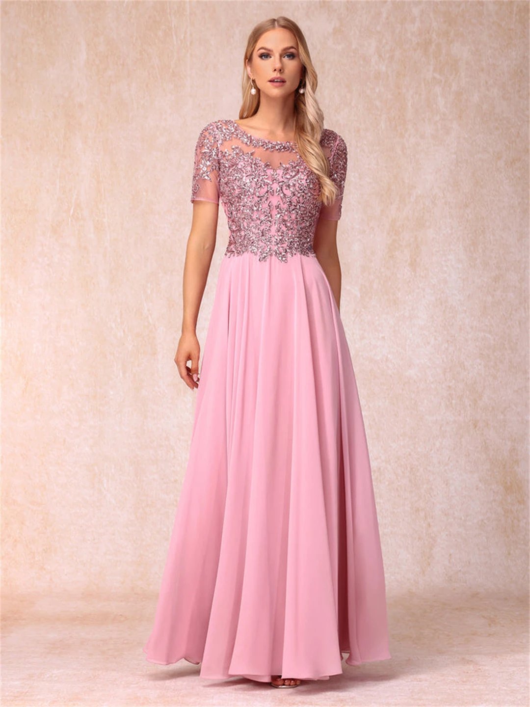 Mulheres Elegante vestido rosa longo de chiffon, vestidos mãe da noiva, apliques com o pescoço, lantejoulas de renda, manga curta, vestidos de casamento para convidados, mulheres