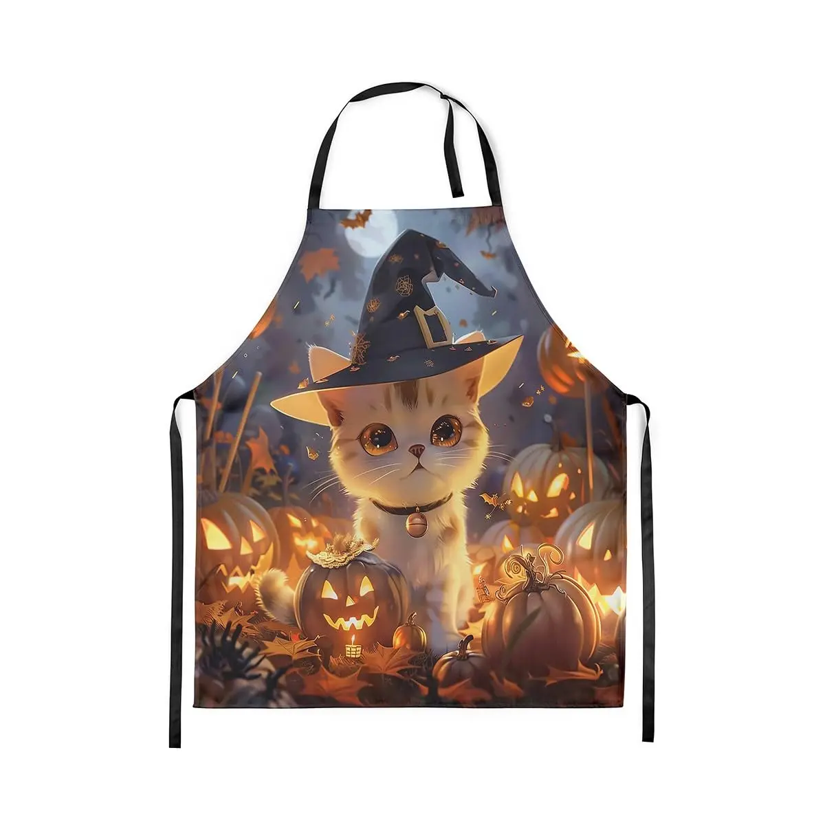 

Watercolor Cat Kitchen Apron Abstract Halloween Pumpkin Decor Apron for Adults Cute Cartoon Animal Maple Leaves Waterproof Apron