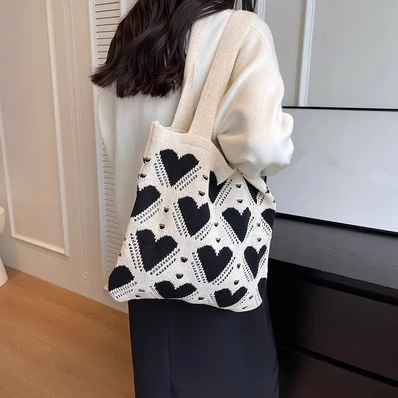 Love Pattern Handbag New Knitted Women\'s Bag Large Capacity Weaving Tote Bag Street Trend Shopping Shoulder Bag , Travel Bag