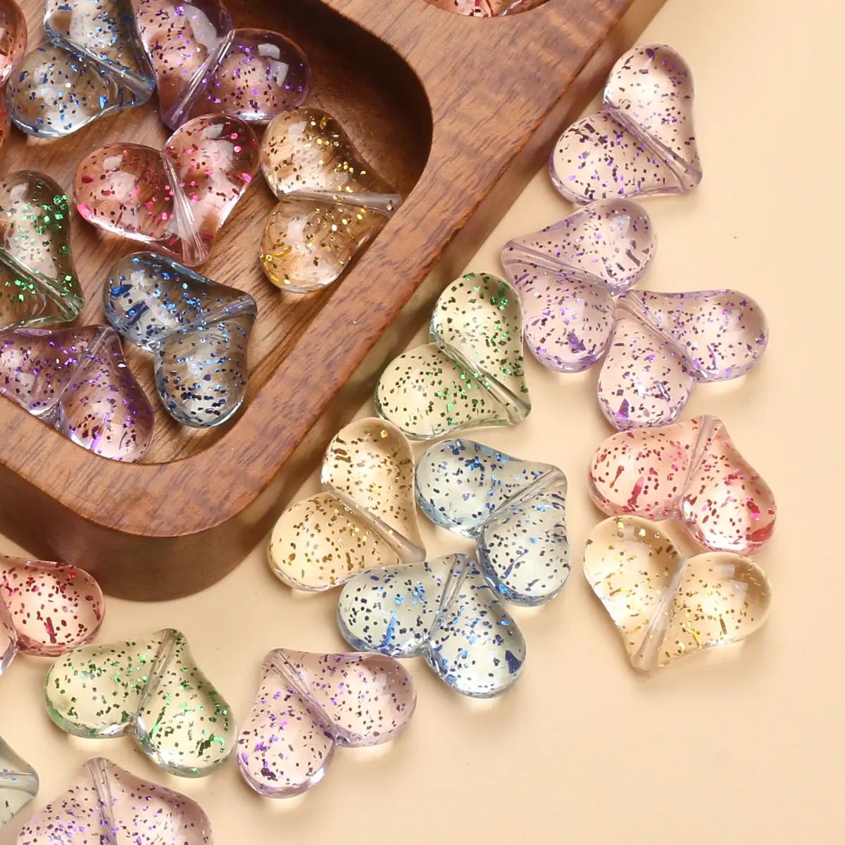 Perles de coeur de pêche acrylique Shoous At avec poudre d'oignon, bijoux de bricolage perlés, accessoires de matériaux exécutifs, 10 pièces par sac