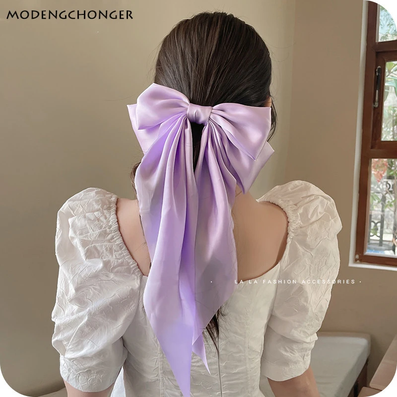 Moda lato Oversize Barrette Bow klip dla kobiety dziewczyny szyfonowa szpilka długa satynowa wstążka fioletowy Big Bowknot akcesoria do włosów