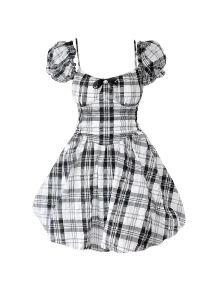 

Summer Vintage Plaid Mini Lolita Dress Women 2023 Banquet Sexy Gyaru 2000s Aesthetic Square Collar A-line Frocks Party One-Piece