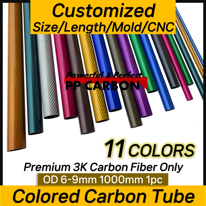 1pc Carbon Fiber Colored Tube 3K Pure Glossy Colorful Surface 1000mm OD 6-9mm Red Blue Orange Green Gold DIY for RC Airplane