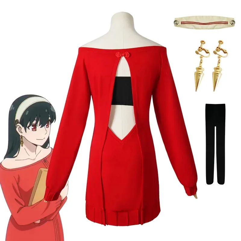 Anime Spy x Family Yor Forger Cosplay Kostüme Roter Pullover Kleid Freizeitkleidung Schwarze Zopfperücke Halloween-Kostüm für Frauen