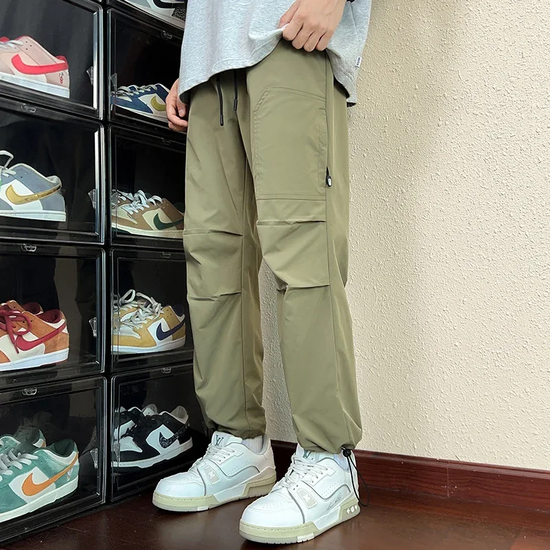 

Весенне-осенние прямые брюки, быстросохнущие повседневные эластичные широкие брюки с высокой талией, мужские однотонные новые свободные модные спортивные штаны