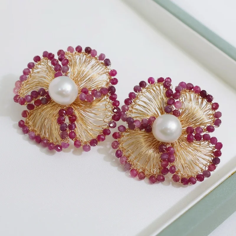 مجوهرات SGARIT الرائجة ذاتية الصنع 14 قيراط مملوءة بالذهب الطبيعي واللؤلؤ المستدير وزهرة الياقوت مجوهرات للحفلات النسائية #1