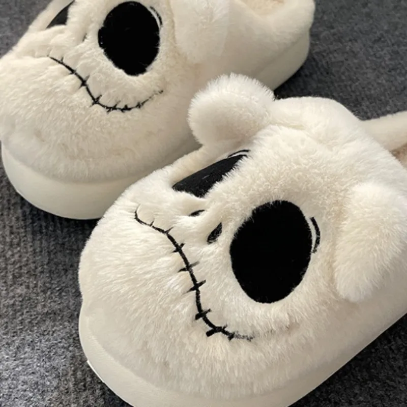 Winter Warm Cotton Slippers Women\'s Thick Sole Home Indoor Floor Shoes Skull Head Design Soft and Lightweight Plush Slippers