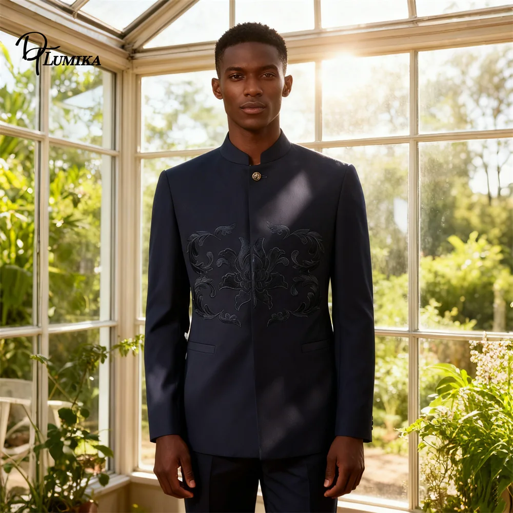 DTLumika Embroidery 2-Piece Suit Set for Men Half Stand Collar Single Breasted Plus Size Formal Slim Fit Tuxedo Jacket Pants
