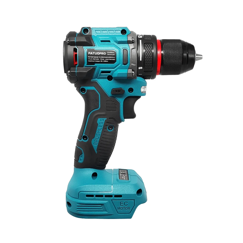 PATUOPRO 2-Speed  Electric Brushless Drill 10mm Cordless Drill Screwdriver Power Tools Compatible Makita 18V Battery(No Battery)