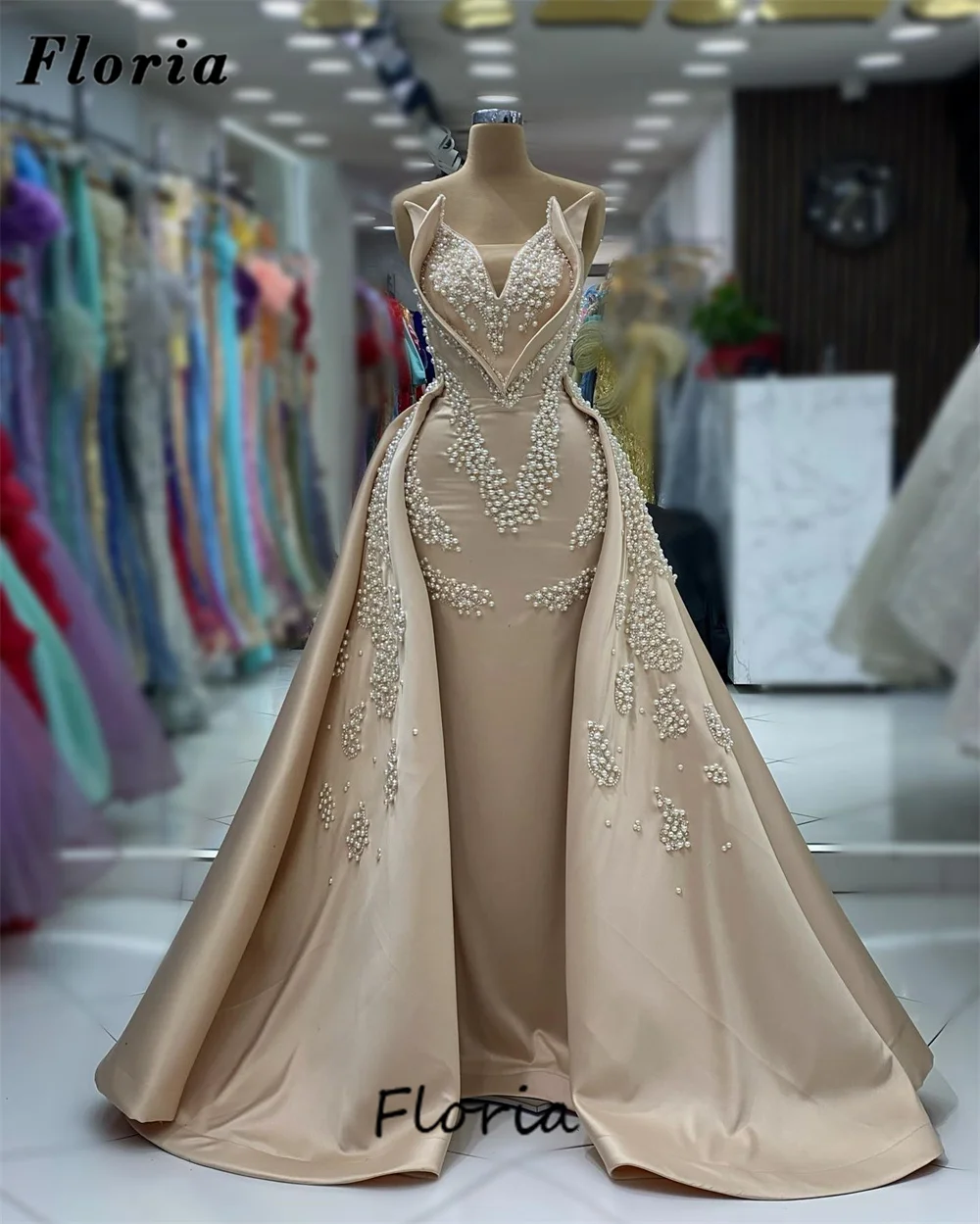 2024 Champagne Pearls Evening Dresses With Detachable Skirt Satin Long Party Dress Women Prom Vestidos De Gala Cocktail Gowns