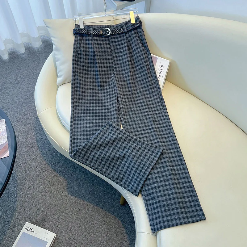 

Осенние женские новые высококачественные серые утягивающие свободные прямые универсальные широкие брюки с высокой талией в клетку, повседневные брюки