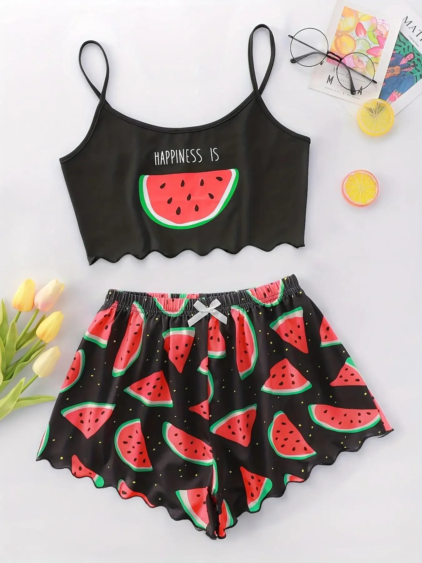 Watermelon Lettuce Women Pajama Set Sleeveless O Neck Crop Top & Elastic Waist Shorts 2 Pieces Female Sleepwear Summer Nightwear