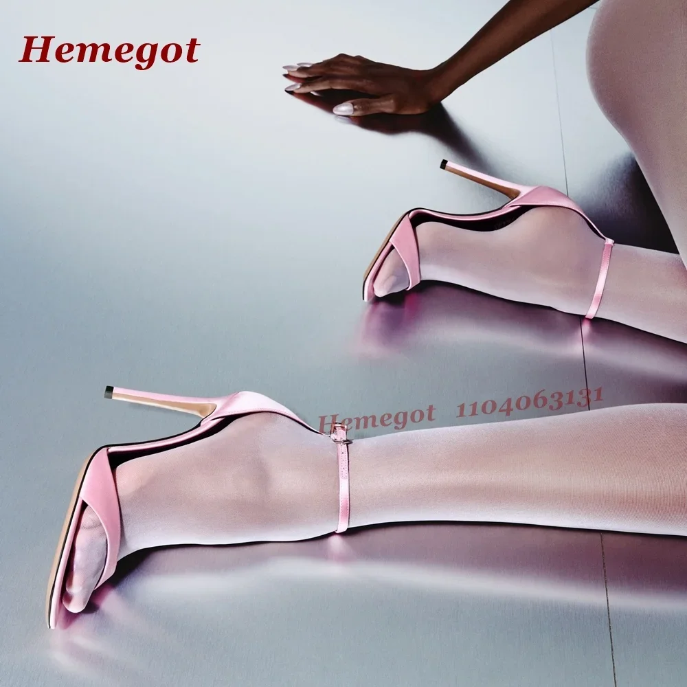 

Satin Pink One Straps Sandals Ankle Buckled Stiletto Women's Sandals Summer 2025 New Thin High Heeled Side Air Runway Party Shoe