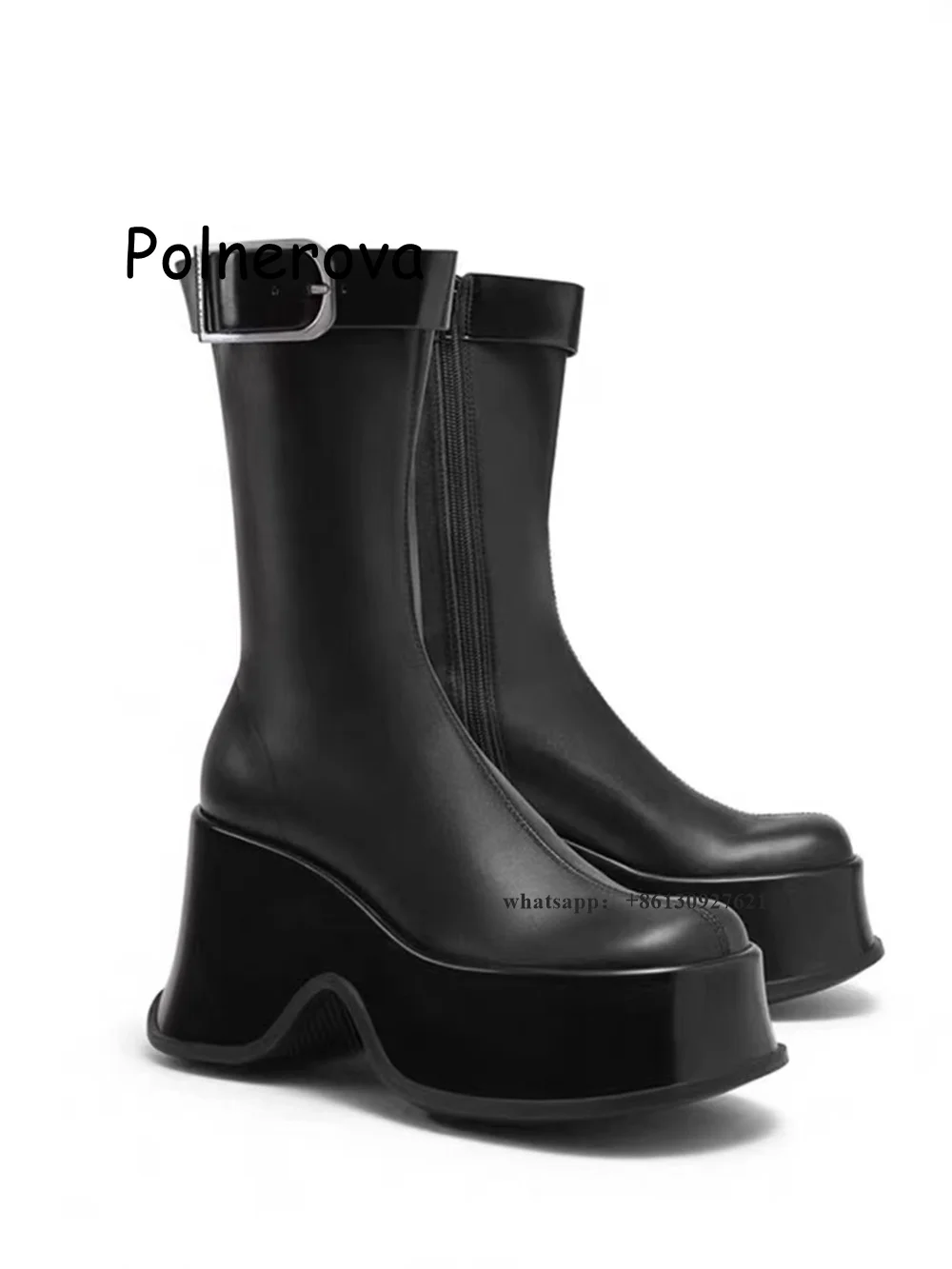 Black Square Toe Boots Belt Buckle Thick Sole Height Increasing Women's Shoes Spring Occidental Style Look Slimmer Fashion Boots