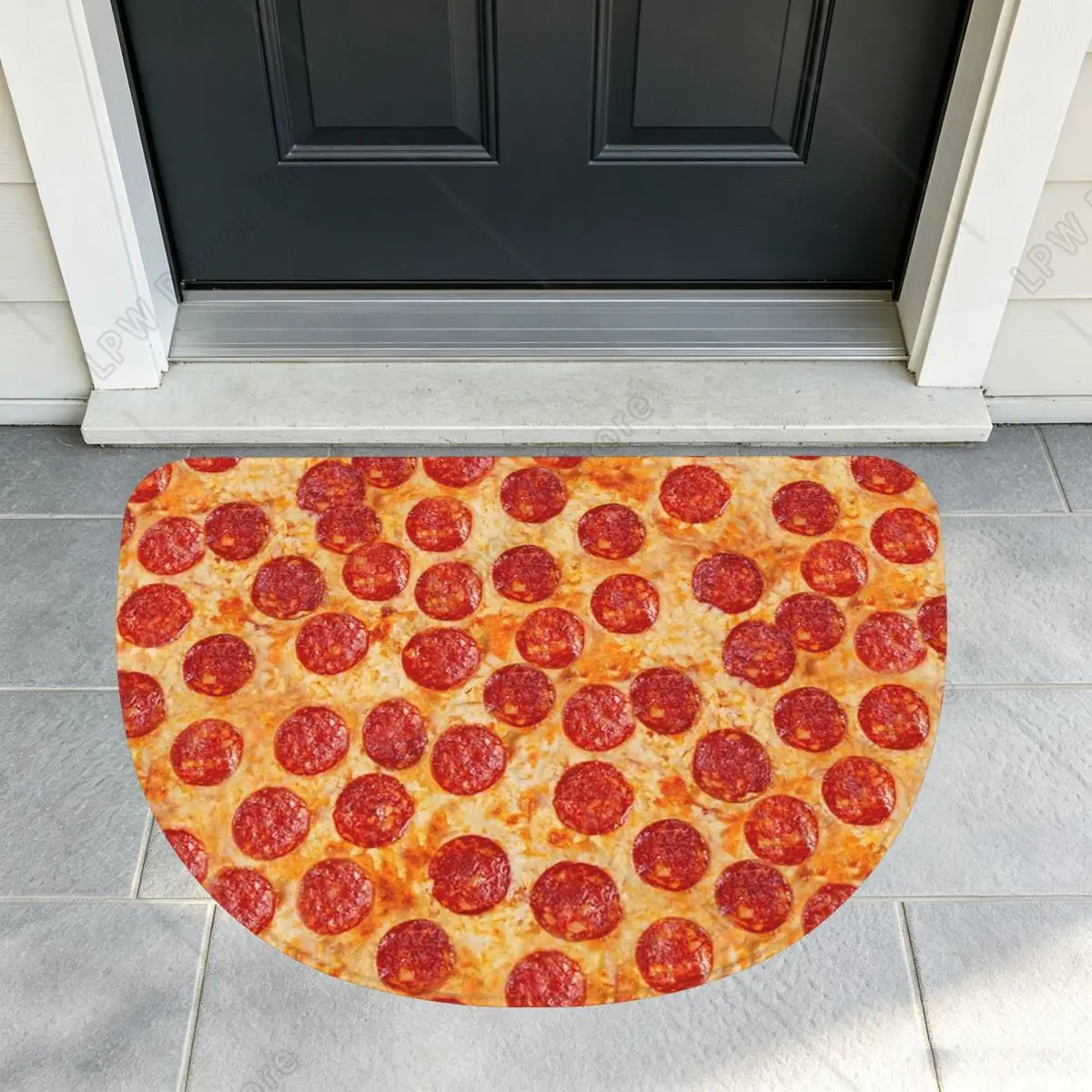Realistic Pepperoni Pizza Pattern Soft Flannel Half Round Doormat Non Slip Bathroom Mat Absorbent Floor Carpet for Laundry Room