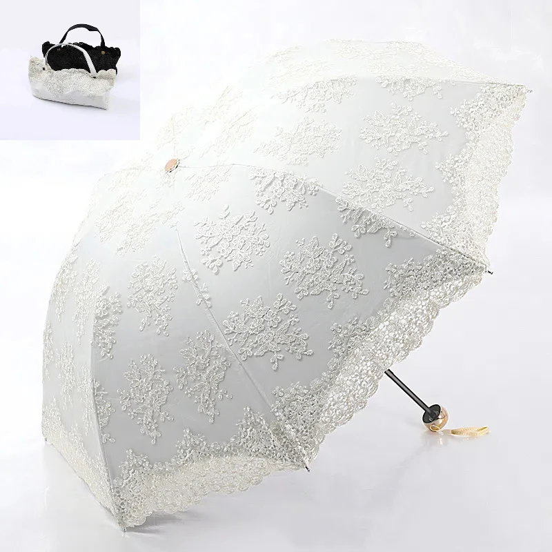 Exquisite Woman Lace Sun Umbrella Rain Female 3 Folding Portable Lightweight Princess Anti UV Protection Parasol Wind Resistant