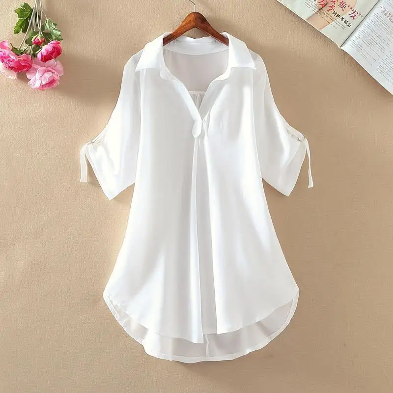 2023 Summer New Fashion Solid Basics Loose Chiffon Blouses for Women Pullovers Polo Neck Short Sleeve Casual Commuter Shirts