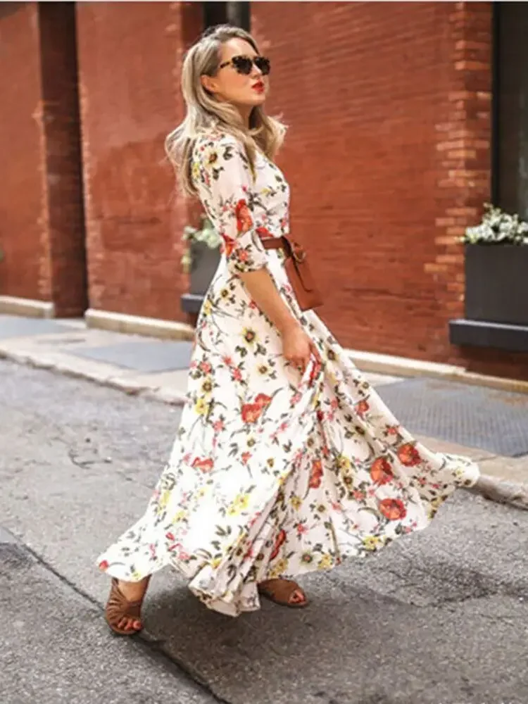 Spring Elegant Floral Print Maxi Dress Women Casual 3/4 Sleeves O-neck Slim Boho Party Long Dresses Robe Femme Beltless